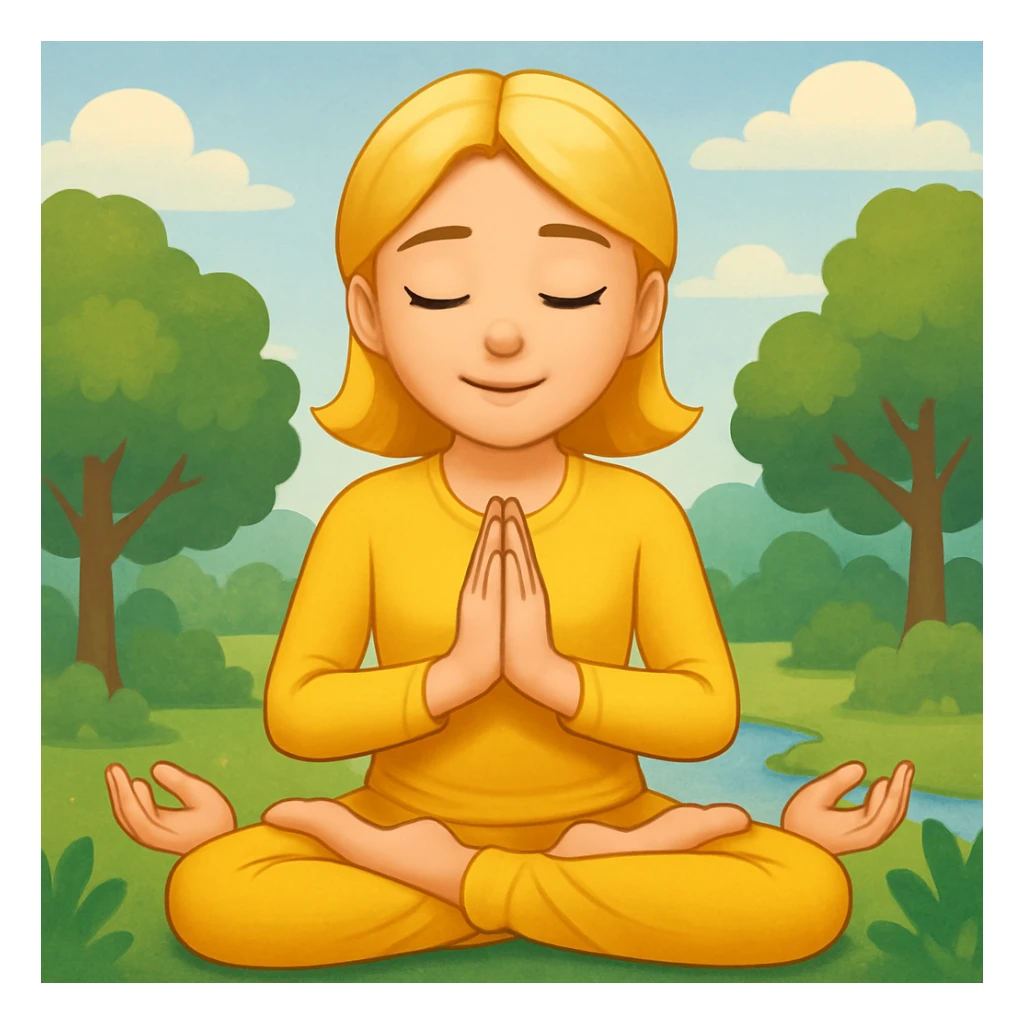 Add a peaceful nature background with trees and sky behind the meditating emoji, keep the classic emoji style sticker