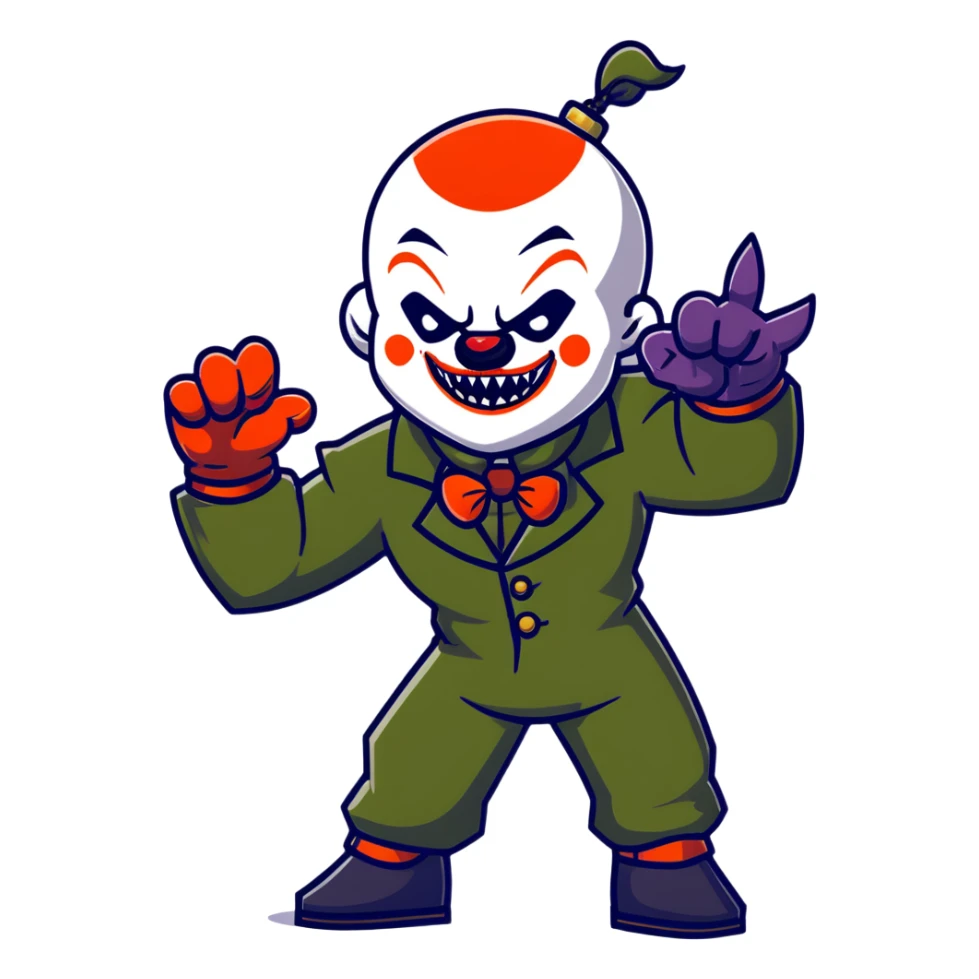 evil clown warrior, bald, small black satan-like horns on forehead, fangs, pointed ears, eye patch over one eye, black and military green leisure suit with bellbottom pants, realistically proportioned, less bulky, full body, battle-ready fighting posture sticker