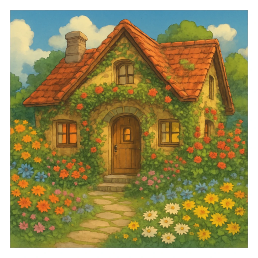 cozy cottage with flowers in ghibli style, charming, detailed sticker