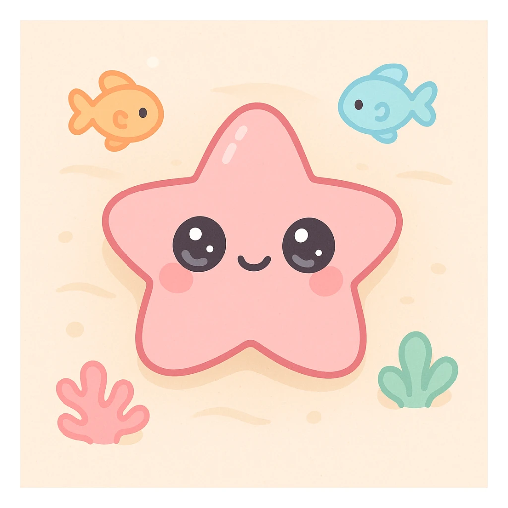 starfish on sandy beach, top-down view, extremely cute underwater cartoon creature with a big round head, huge sparkling eyes, small smiling mouth, and pink shiny skin, rosy cheeks, soft pastel colors, plastic toy-like texture, chibi style, surrounded by colorful fish and coral, gentle lighting, 3D-rendered, high detail, kawaii aesthetic sticker