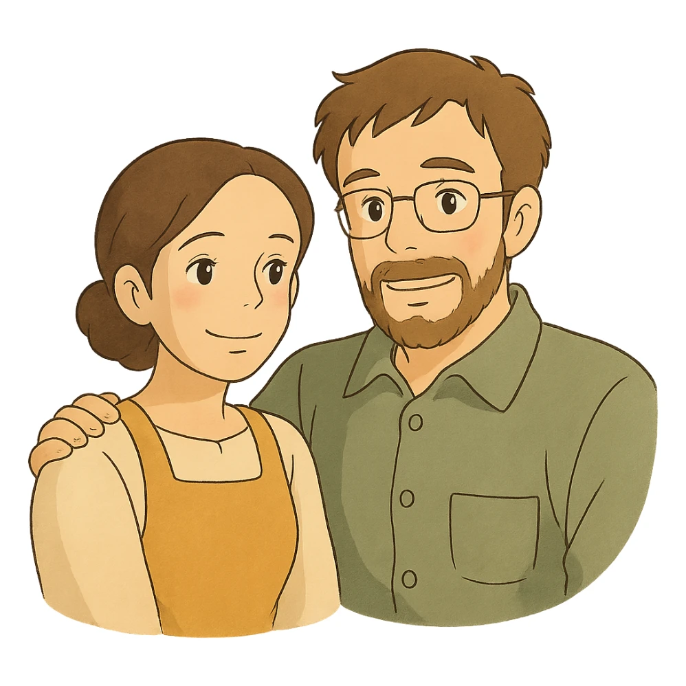 ghibli style illustration of two parents, warm and gentle sticker