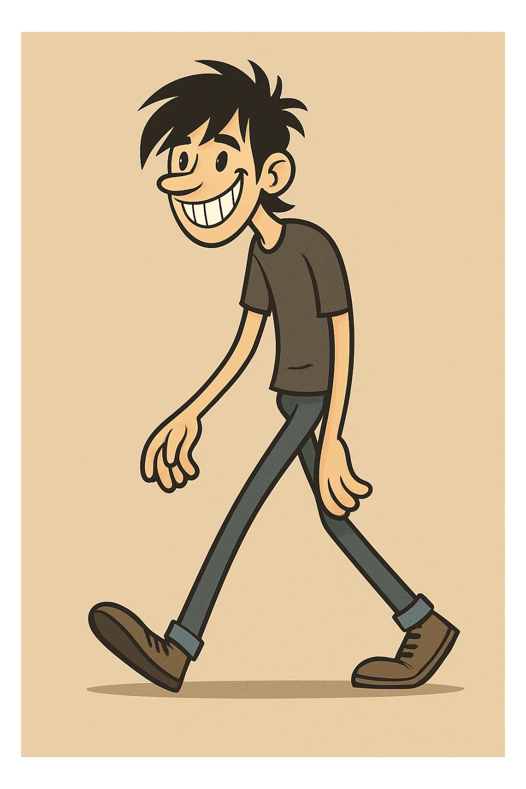 Make the stylized tall, skinny man with messy emo hairstyle look much happier, with a big smile showing lots of teeth, keep the walking pose and style as in the original image. sticker