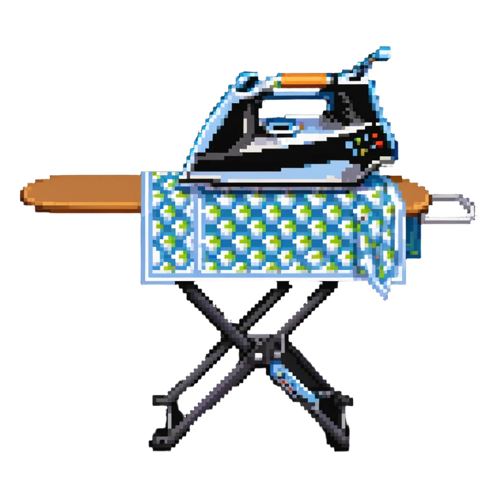 A detailed clothes iron next to an ironing board sticker