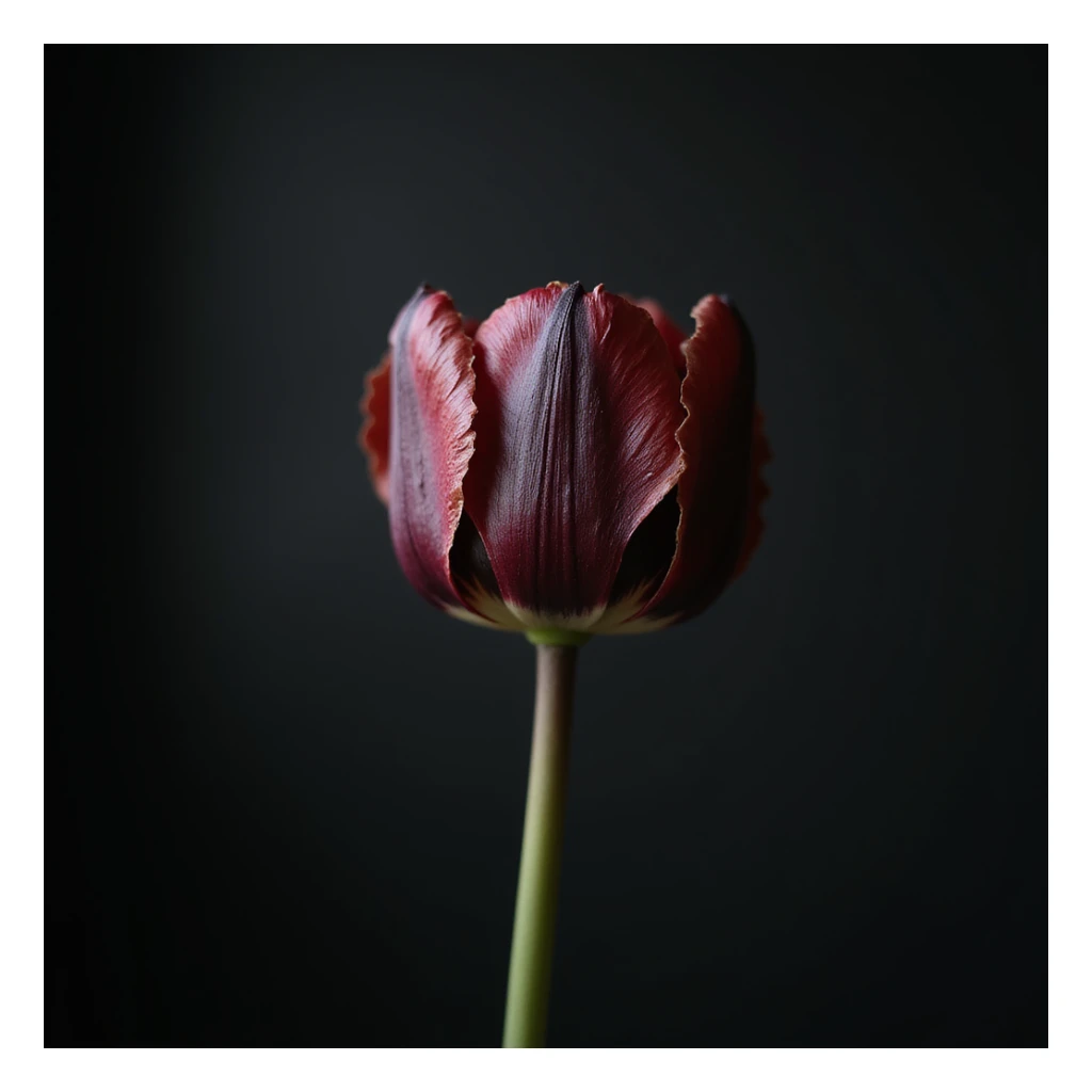 realistic goth tulip, wilted, moody lighting, photorealistic style sticker