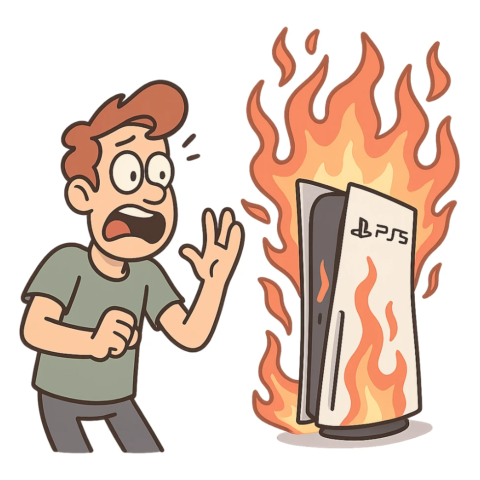 PlayStation 5 with fire effects, dynamic, energetic, cartoon style sticker