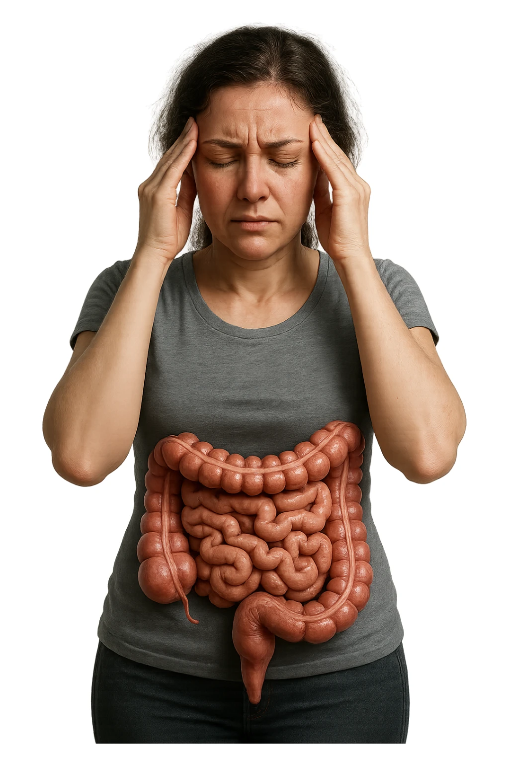 donna con  espressione ansiosa che si tocca le tempie con gli occhi chiusi, intestino anatomico visibile, iperrealistiche 4k sticker
