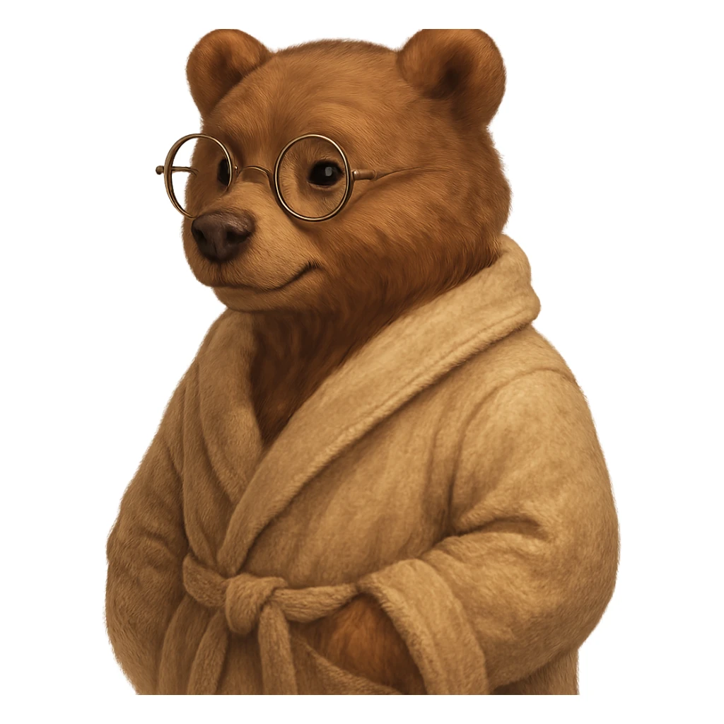 A cute anthropomorphic bear wearing round glasses and a cozy bathrobe, 3/4 view, detailed, semi-realistic style, warm atmosphere. sticker