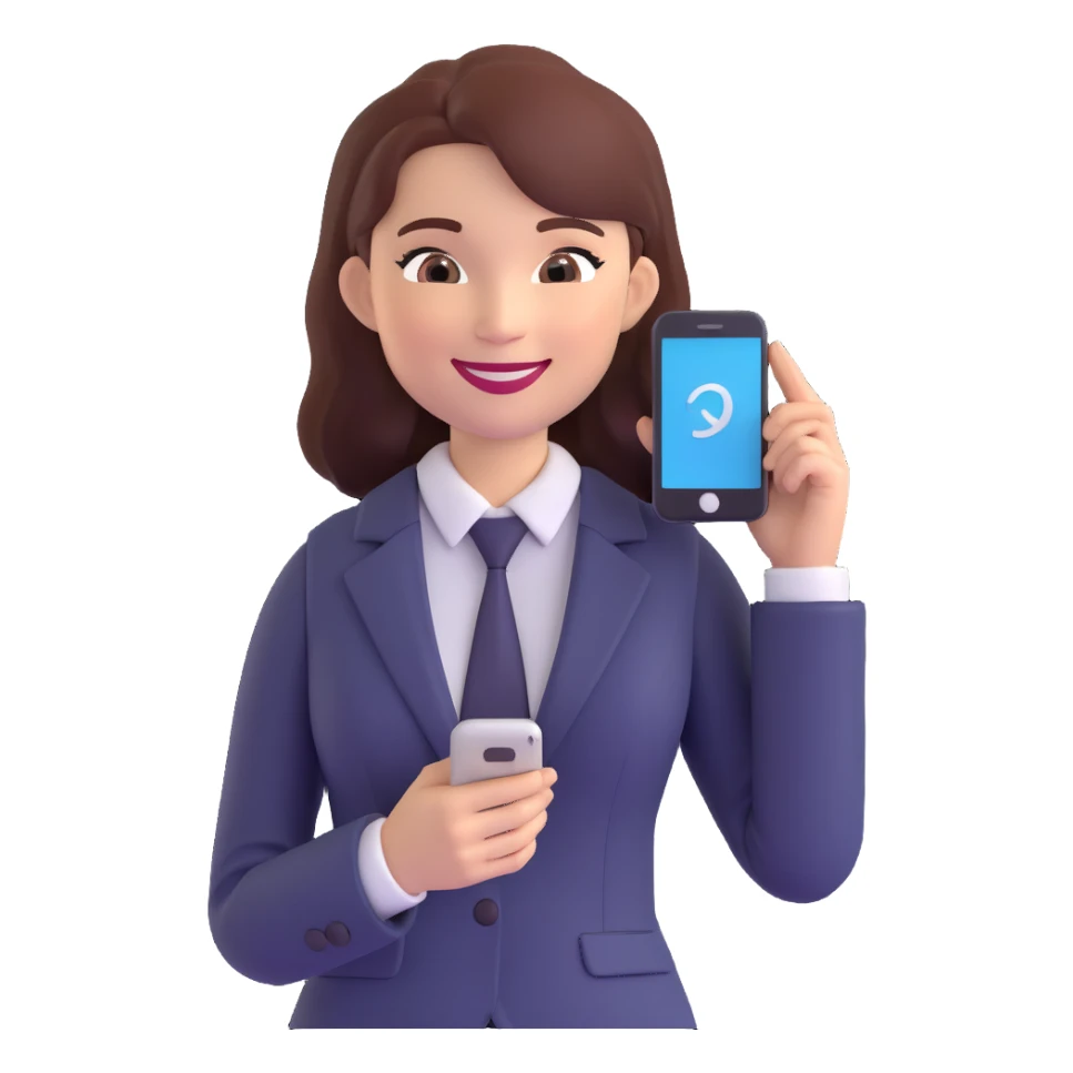 3D illustration of a professional woman standing and using a phone, smiling, business attire, confident and approachable sticker