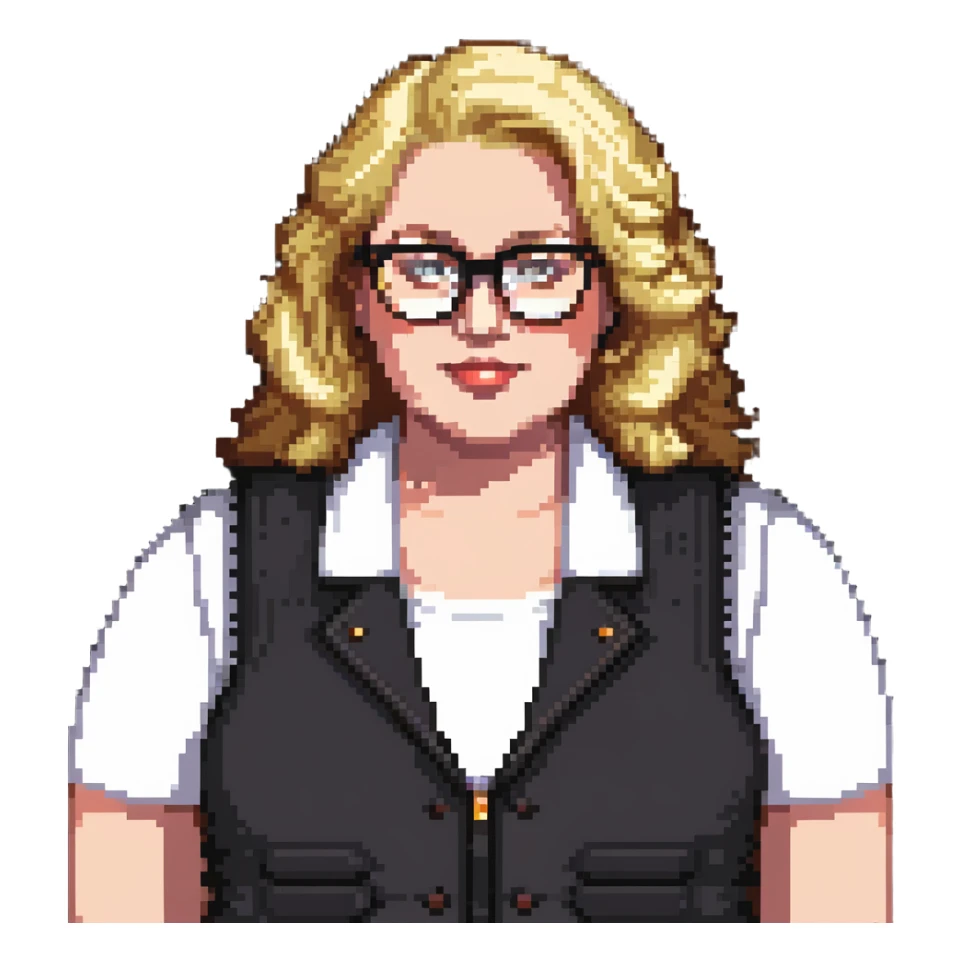 Plus size blonde person wearing glasses and a vest sticker