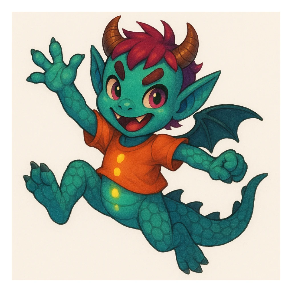 Give the kid a playful, energetic pose while keeping the blend of 60% dragon (scales, wings, tail), 20% demon (horns, mischievous eyes), and 20% alien (unusual skin color, glowing accents). sticker