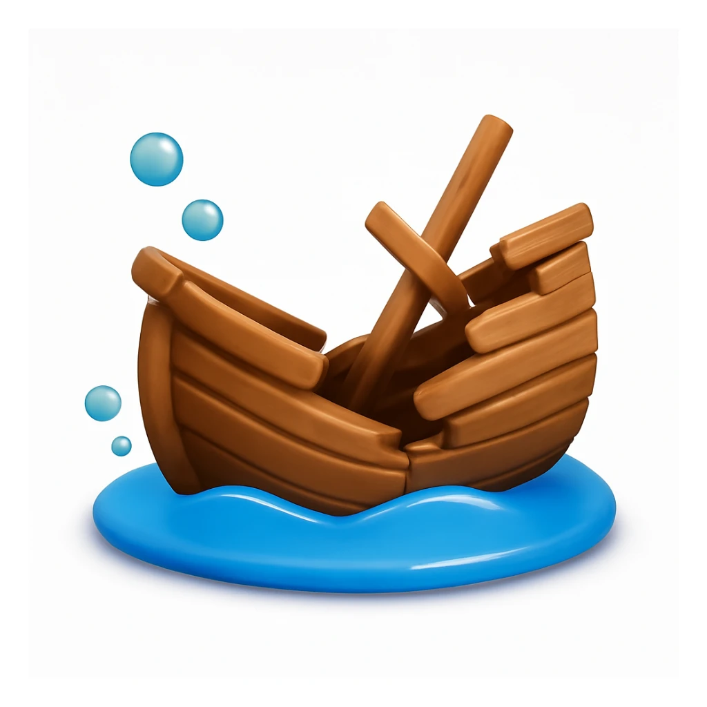 3D iPhone style emoji of a sunken ship, partly underwater, tilted and broken wooden structure, subtle bubbles around, isolated on white background, soft shadows, high detail, playful and cute. sticker