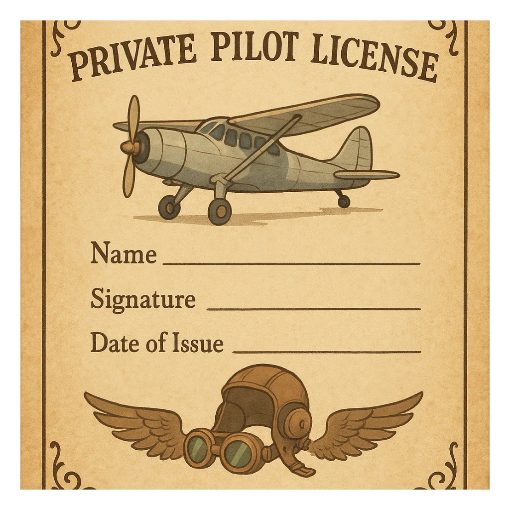 vintage-inspired private pilot license with a parchment background and classic aviation motifs sticker