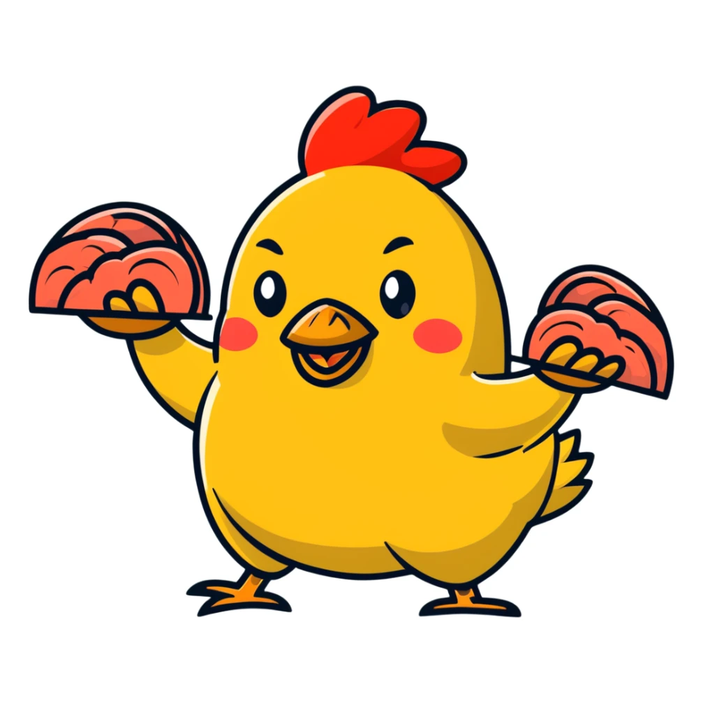 Four separate cute protein stickers: happy chicken breast with tiny arms, smiling red meat steak, cheerful salmon fillet, and joyful egg, each with little muscle arm flexing, showing their protein power sticker