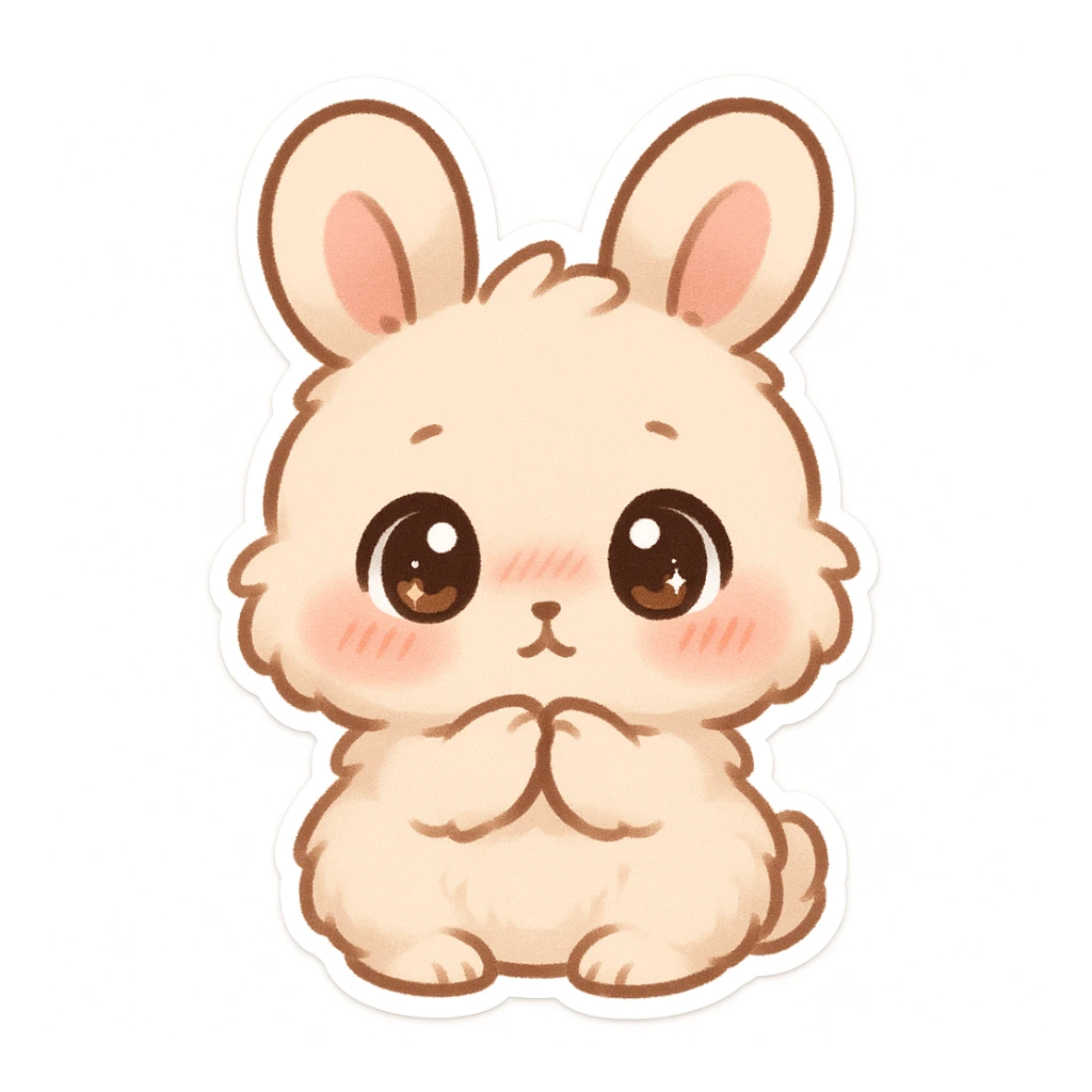 cute fluffy bunny, chibi-style, big round eyes, soft fur, pink cheeks, shy and bashful expression, shining sparkling eyes, slight blush, simple clean chibi stickers style, white background, designed for a small emote sticker