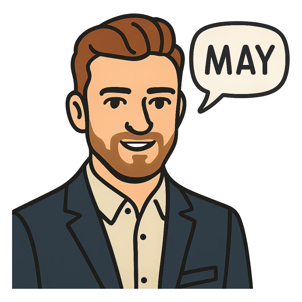 flat toon style Justin Timberlake lookalike with 'MAY' in a speech bubble sticker