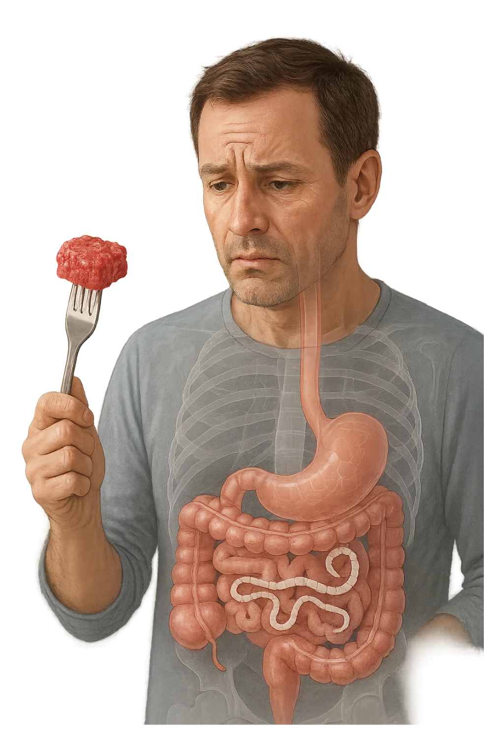A realistic, high-quality medical illustration showing a concerned man in his early 40s holding a piece of raw beef tartare on a fork, looking at it with a worried expression. Behind him, a transparent overlay of his digestive system reveals the presence of Taenia saginata (beef tapeworm), depicted as a long, segmented white worm inside his intestines, symbolizing the infection. The environment is a kitchen with bright but neutral lighting, creating a serious educational tone. Subtle anatomical highlights and clean medical graphics convey the concept of parasite transmission through undercooked beef, emphasizing food safety and health awareness. sticker