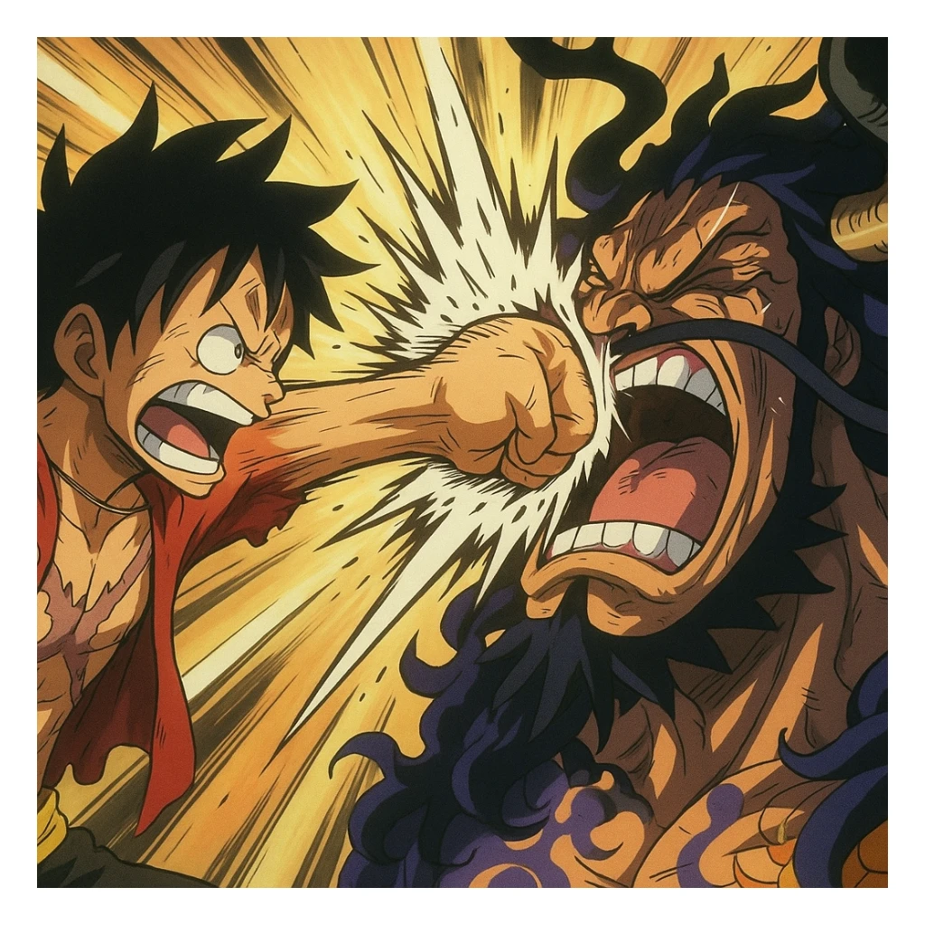 Luffy punching Kaido, dramatic impact, anime style, intense expressions sticker