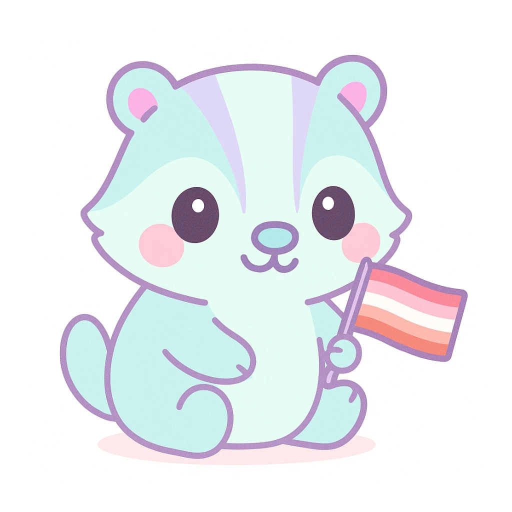 kawaii badger holding a small lesbian pride flag, blushing cheeks, white background sticker