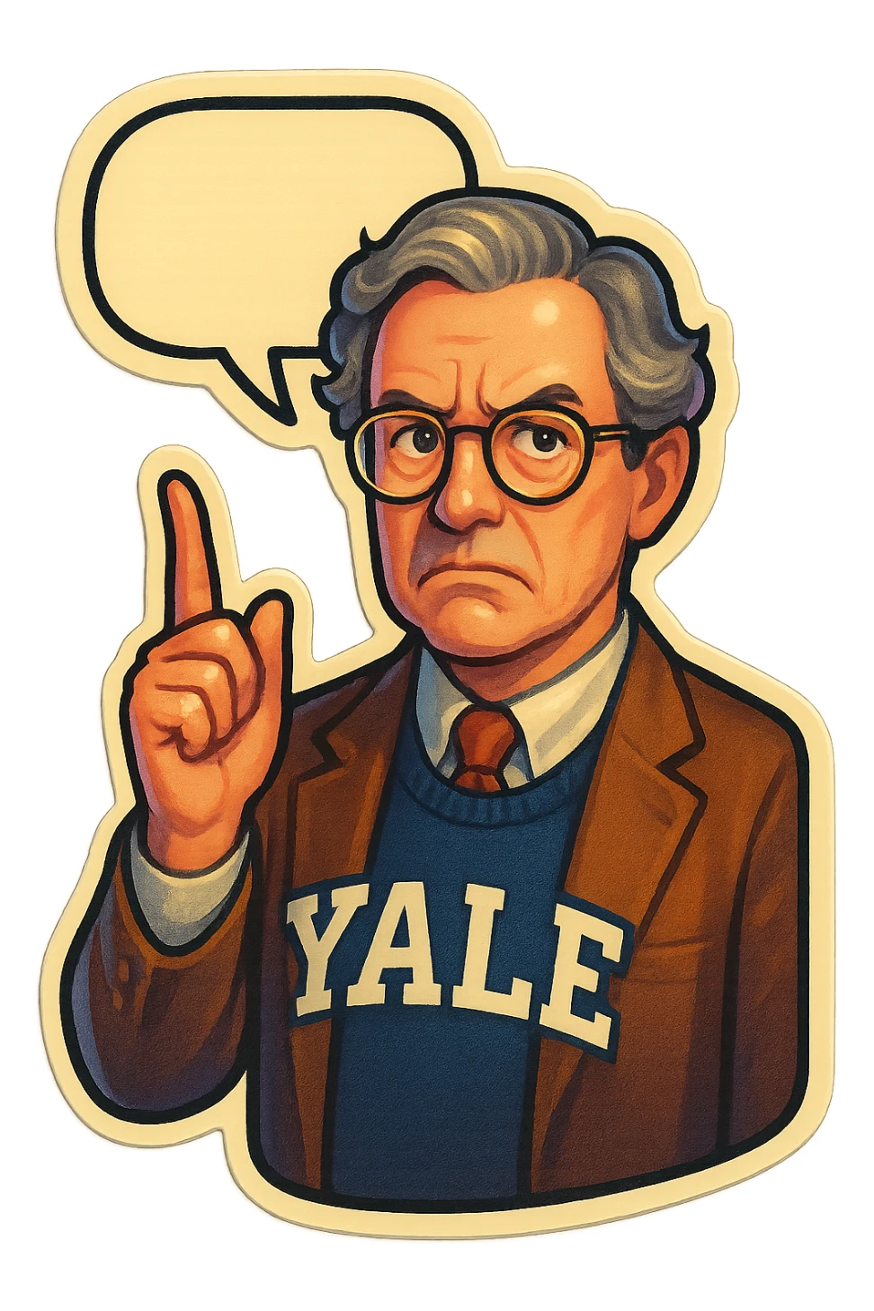 Профессор Йельского университета со скептическим лицом показываем указательный палец вверх, от головы отходить bubble speech sticker