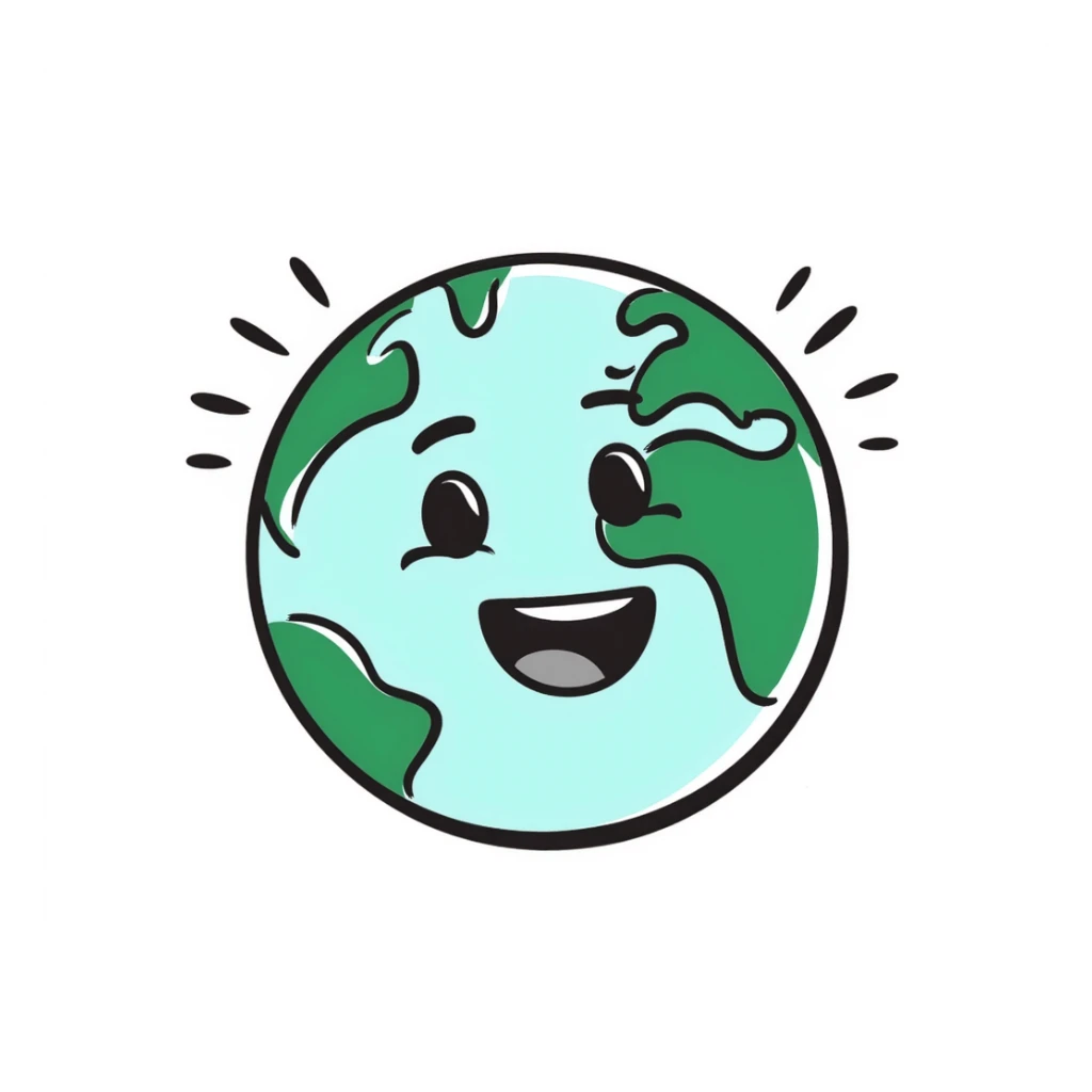 Restyle the glowing Earth loading icon to match the playful, hand-drawn look of the provided worldsmile.png reference. Keep the green and blue colors, add a friendly face, and make it look like an animated loading circle with a glowing effect in a hand-drawn doodle style. sticker