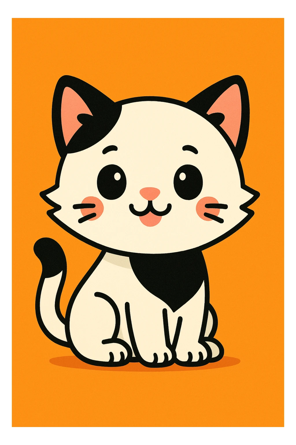 white kitten with black spots on its ears and a black patch around its mouth, cute cartoon style sticker