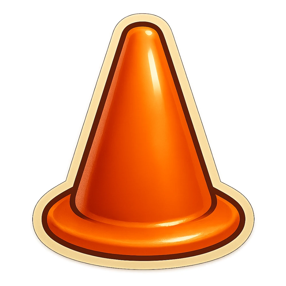 Render only an orange pylon, straight-on view, no perspective, no face or accessories, in retro sticker style with transparent background. sticker