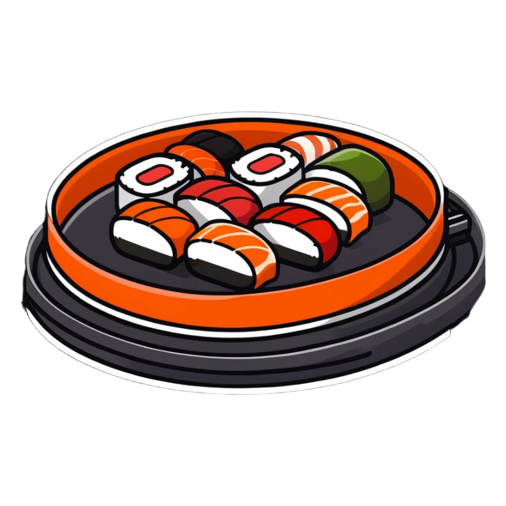 rotating sushi conveyor belt restaurant with colorful sushi plates sticker