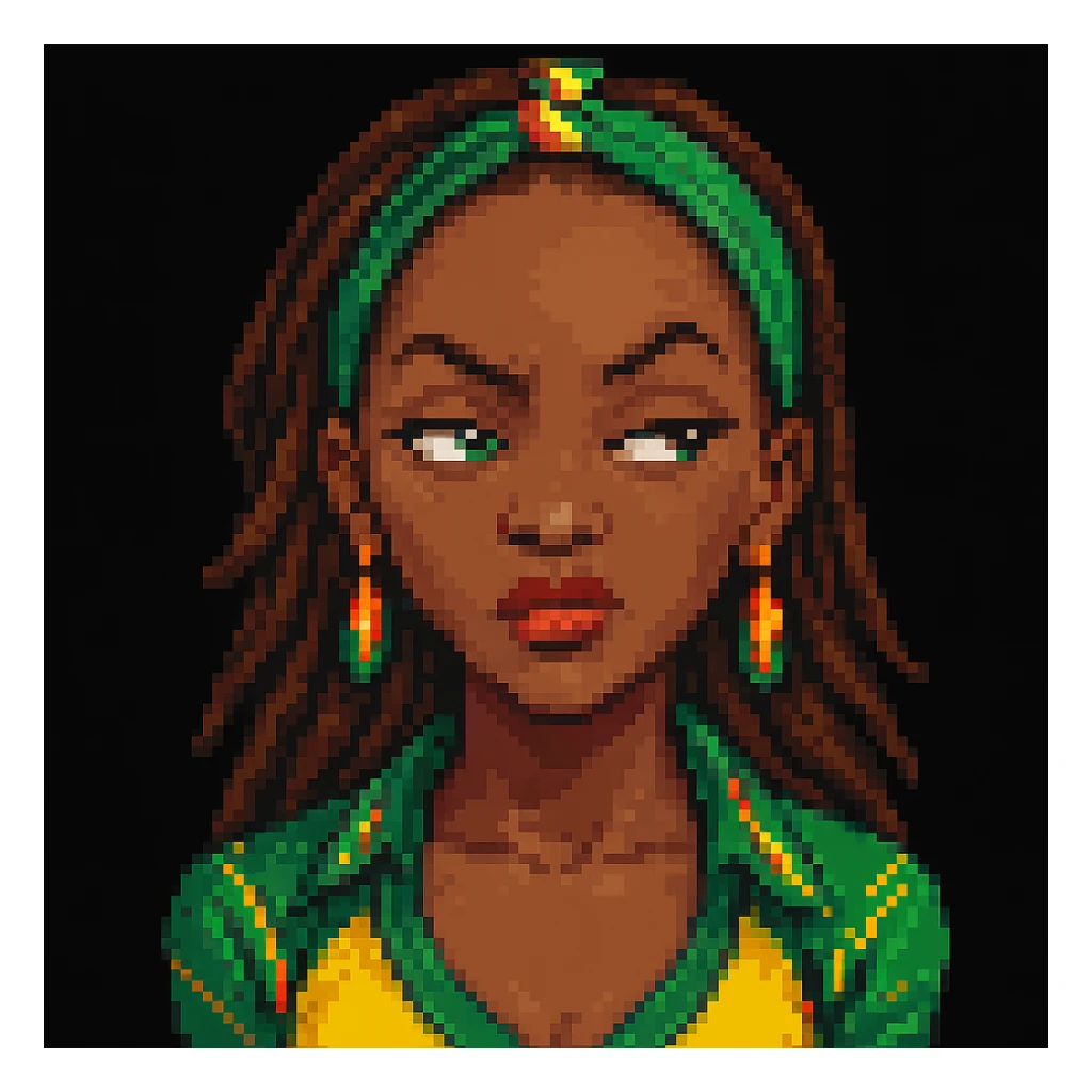 Make the Jamaican woman's side eye expression sassier. The original style is pixel art style, but since pixel art style does not support editing, please keep the look consistent while enhancing the sassiness of the expression. sticker