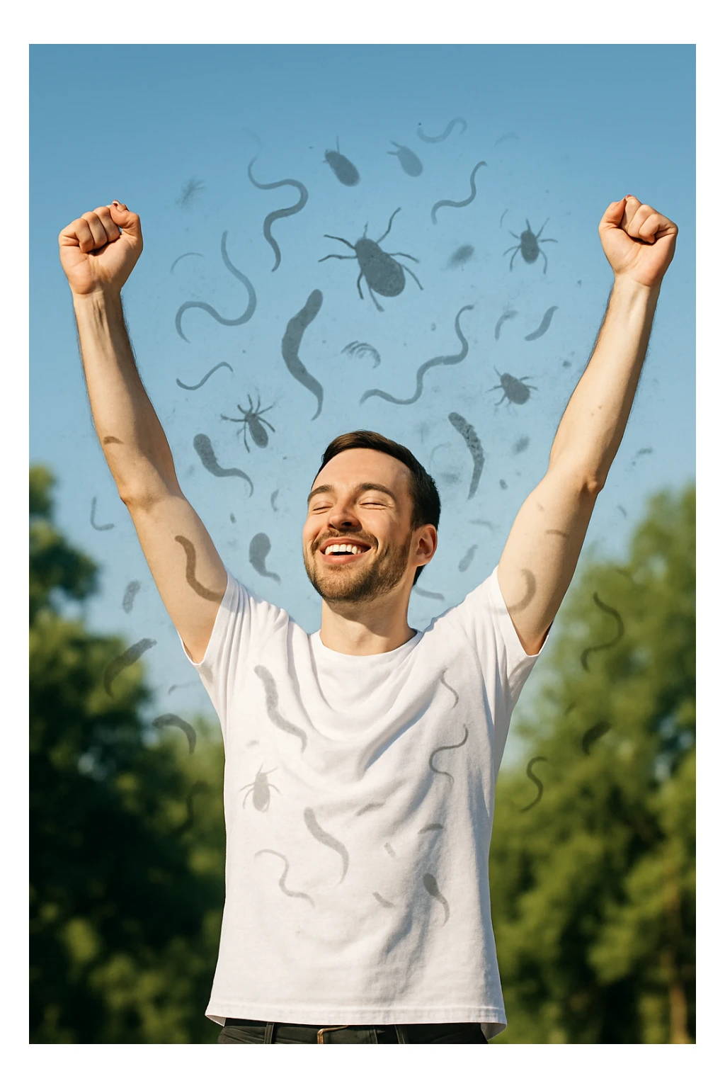 a man stands outdoors in bright sunlight, arms raised in relief and joy, while faint, shadowy silhouettes of parasites fall away from his body and dissolve into the air. His posture is upright and energetic, his expression serene and healthy. The background features green trees and a clear sky, emphasizing liberation and restored well-being. sticker