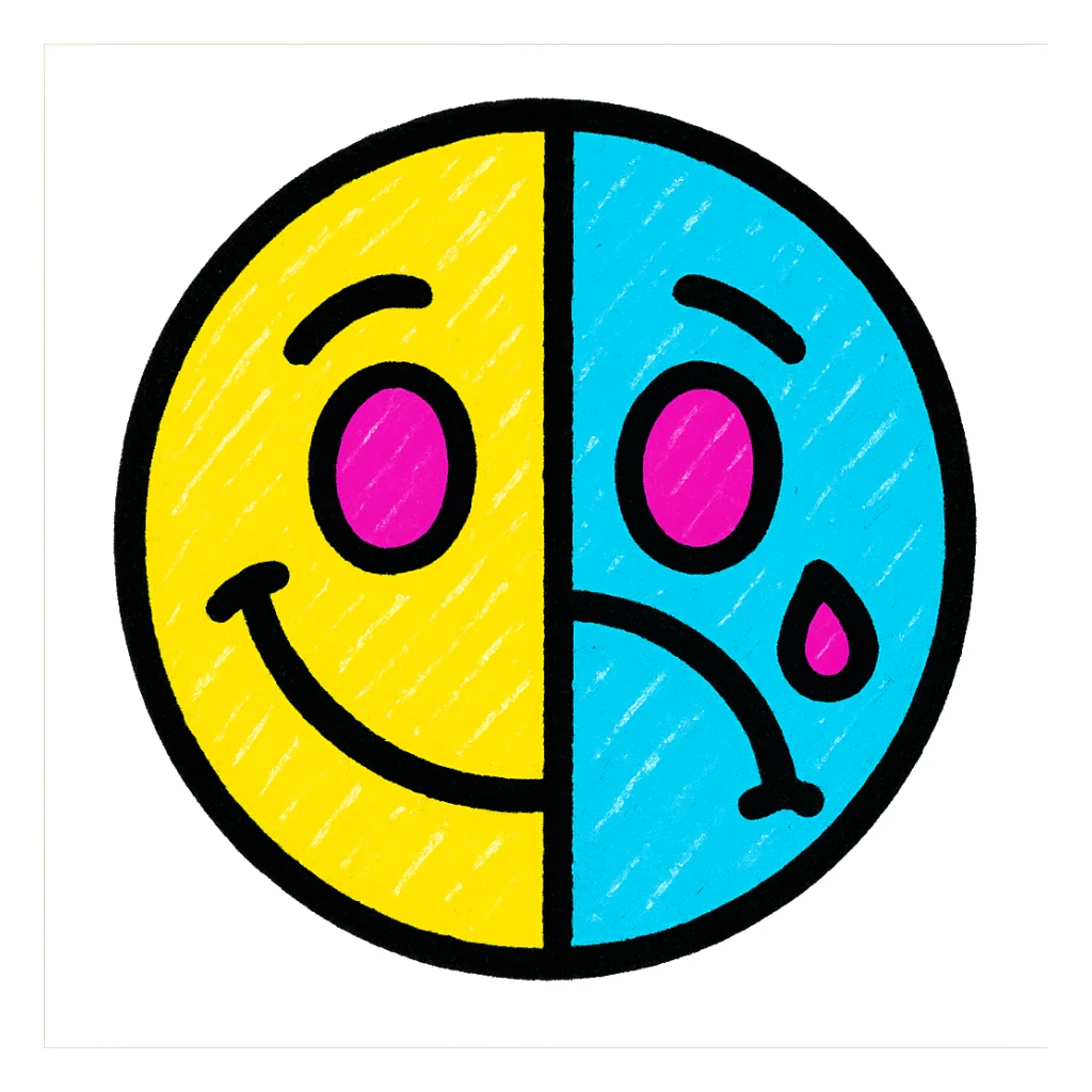 split-faced emoji, one side happy and yellow, the other side sad and blue, vibrant colors sticker