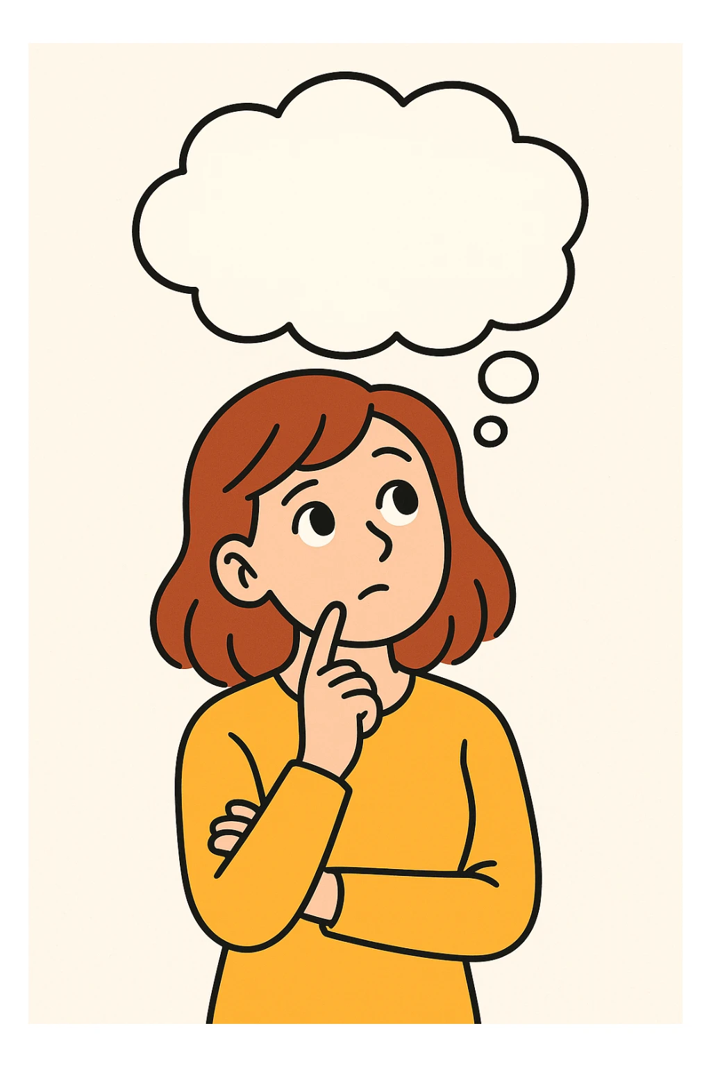 woman thinking with a thinking cloud above her head, clear expressive style sticker