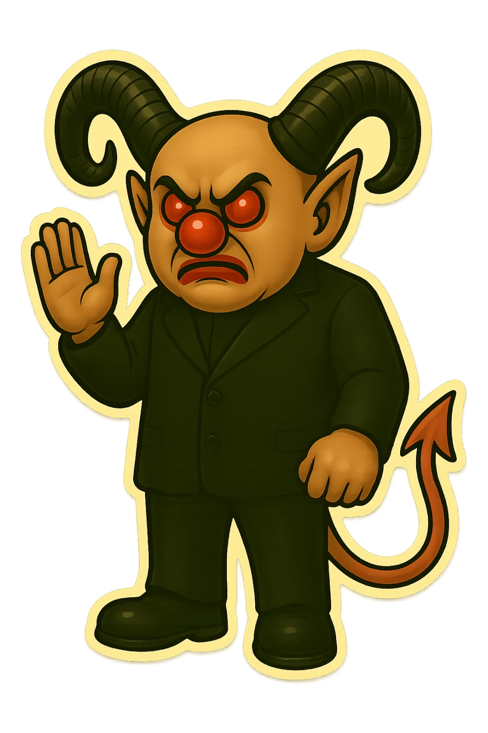 Evil clown wizard in retro sticker style, transparent background, wearing an all black suit with no pentagrams, using the face, horns, and tail from the reference image. He has a frown and never smiles. Pose: one hand raised, other hand clenched, clean modern sticker look. sticker