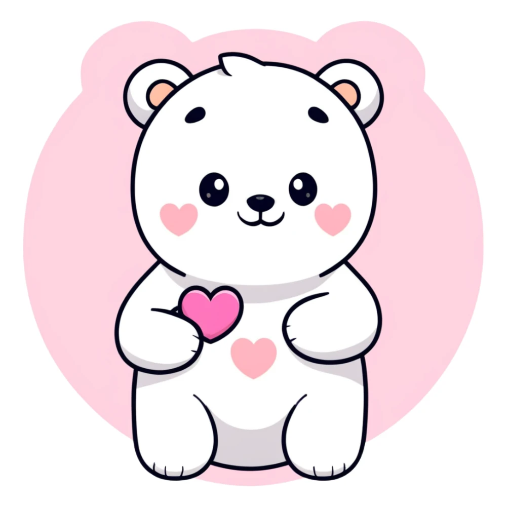 white bear holding a pink heart in hand, sticker style sticker