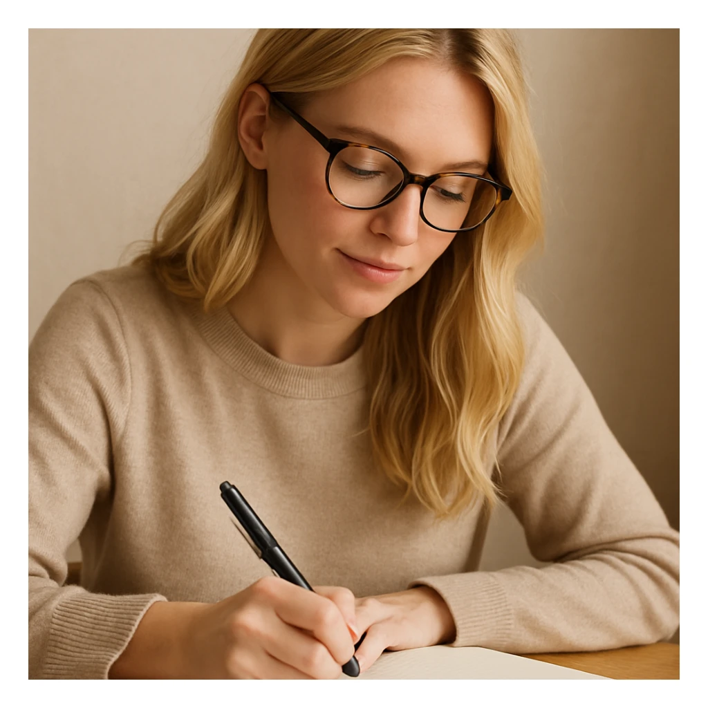 blonde woman wearing glasses, writing in a notebook sticker