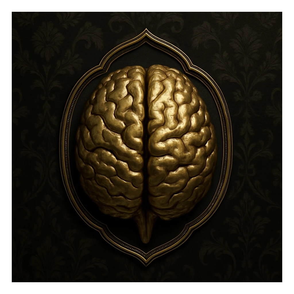 ultrarealistic 3d metallic gold brain symbol representing common sense, set against a dark black Victorian silk patterned background with gothic florals, classic and arcane, mysterious. The brain is the main symbol, highly detailed, inside a thin ornate frame that follows the shape of the brain, giving the interior a spotlight effect. High definition, classic, mysterious, and elegant. sticker