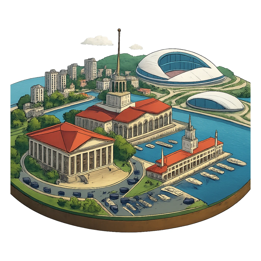 Изометричная, яркая, детализированная и фотореалистичная иллюстрация панорамы города Cочи на круглой подставке в стиле 3D-коллажей городов, ОДНО! здание Морского Порта, ОДИН! Зимний театр, ОДИН! стадион Фишт, море чёткие линии, слегка мультяшная стилистика, прозрачный фон, не обрезать края картинки sticker