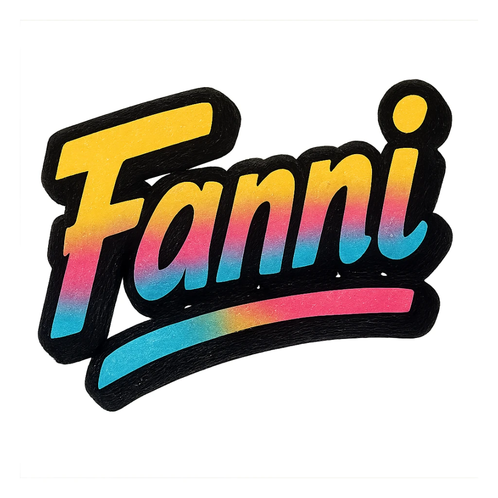 Fanni name in modern colorful gradient font with dark outline, dynamic slanted or partial underline, in the style of reference patterns sticker