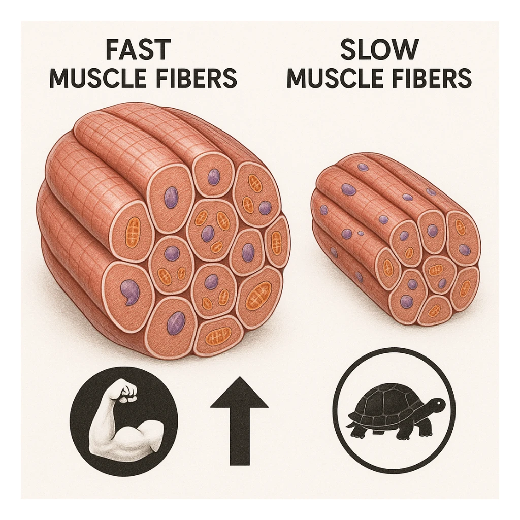 hyper realistic illustration comparing fast and slow muscle fibers, fast fibers appear very hypertrophic and bulky, icons of power and growth, cellular details, educational atmosphere, white background sticker