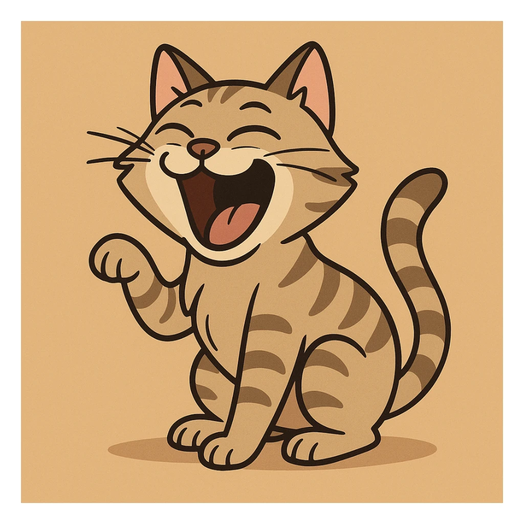 a laughing tabby cat, cartoon style, wide open mouth, playful sticker