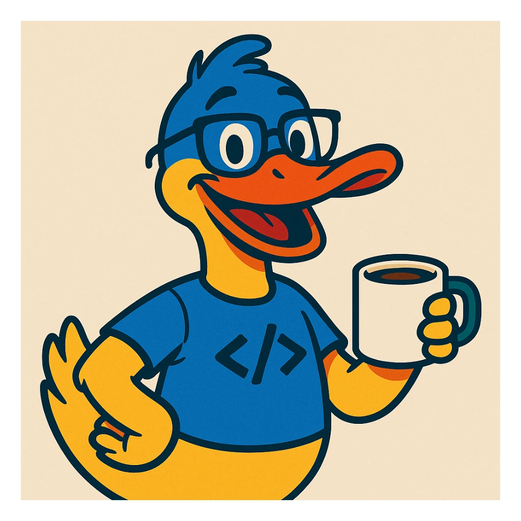 friendly developer duck made of primary colors #0090df, #fc9e19, #db8006b, drinking coffee, approachable and cheerful expression, coffee mug, optional secondary colors #111e72, #00653d, #0f4c2c, #262526, #006ab3b, #ca001e, #1f2827 for accents sticker