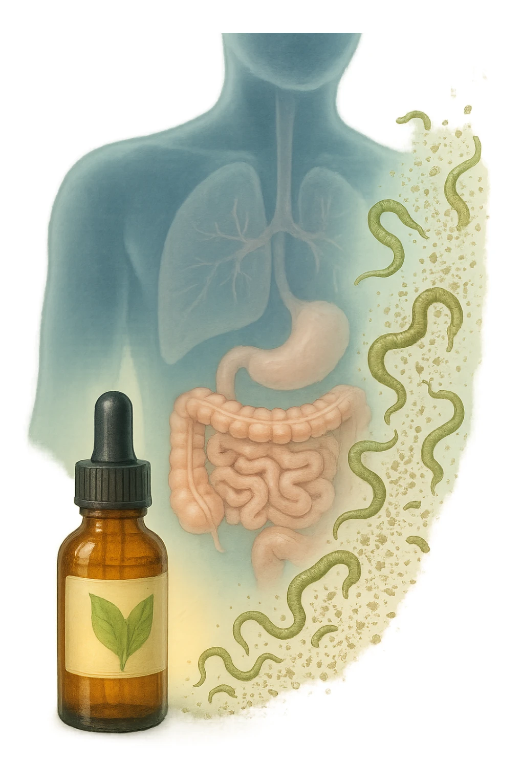 A realistic, high-quality medical illustration showing microscopic parasites leaving the human intestines, symbolically dissolving and breaking apart, after the intake of natural kinesiological drops. The drops are shown in a small amber glass dropper bottle in the foreground with a green leaf on the label, emitting a subtle glow symbolizing detox and cleansing. The background depicts a semi-transparent human silhouette with a highlighted digestive tract, showing clean, healthy intestines, while parasites in translucent fading colors are moving out, symbolizing elimination. The atmosphere is clean, fresh, and conveys a sense of natural healing, detoxification, and hope. sticker