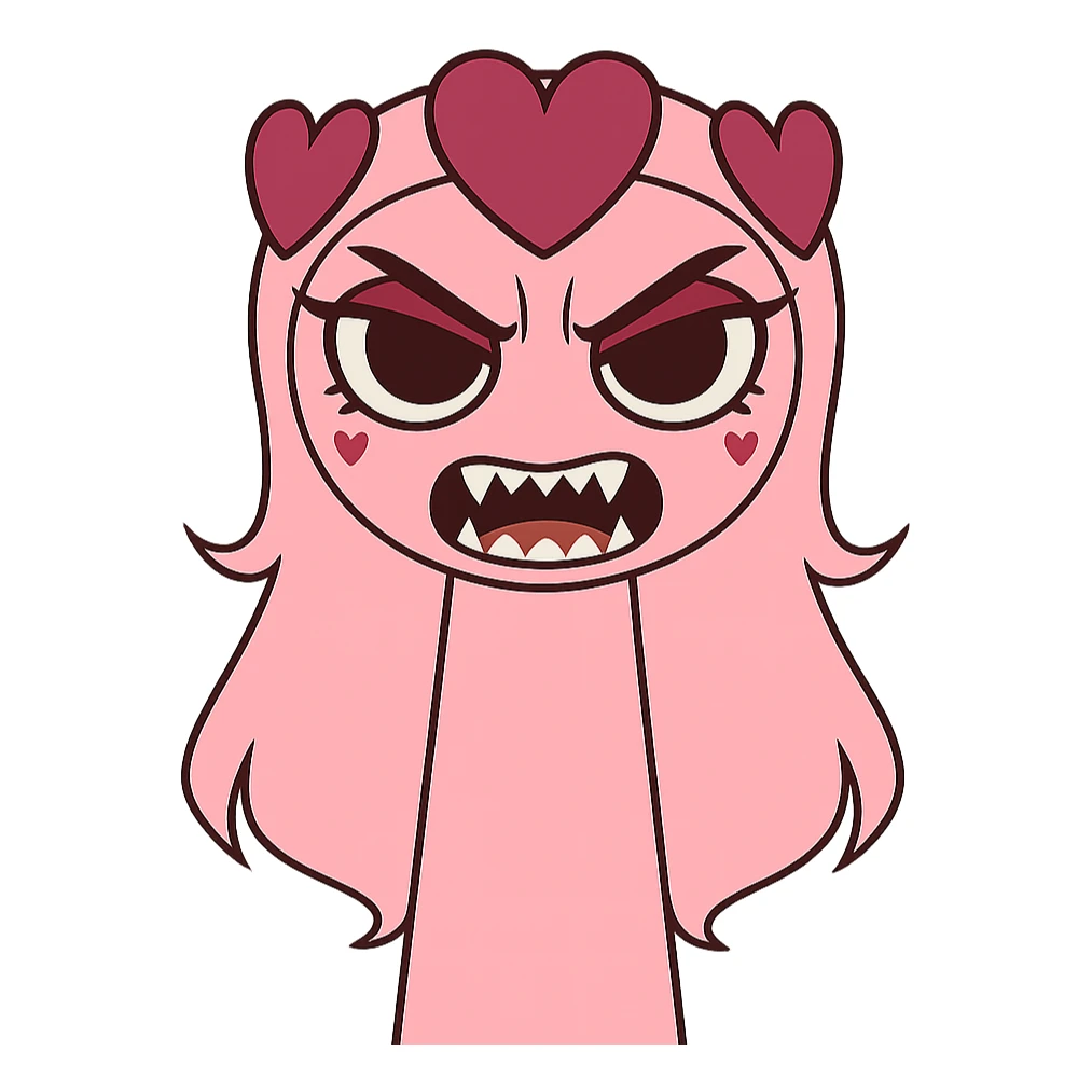 Change the pink character with heart hair to a scary expression, featuring sharp teeth, angry eyes, and a menacing look. Keep the transparent background. sticker