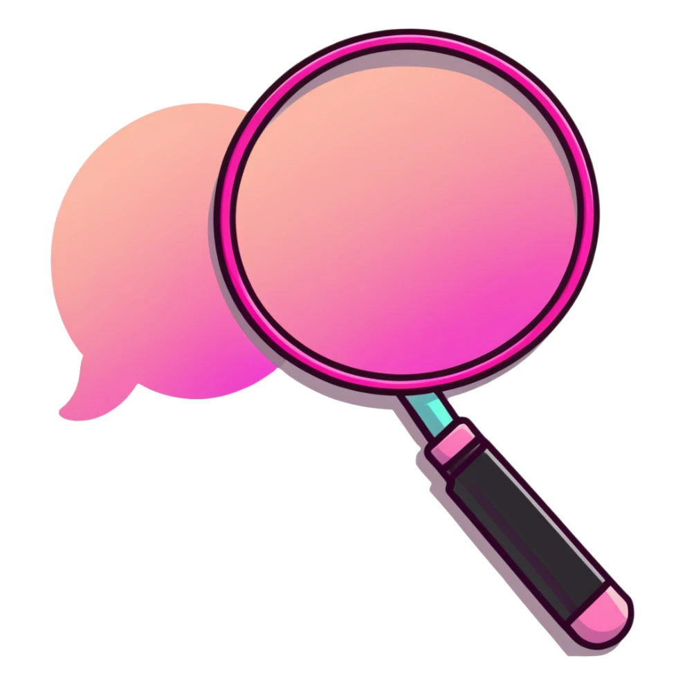 magnifying glass, transparent glass with bright pink gradient from #FF335F to #FF99AA, highlights, minimalistic sticker