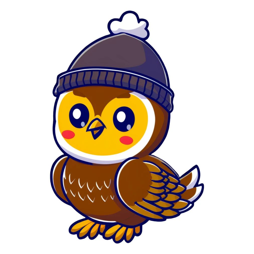 golden owl with shiny feathers. With a knitted hat in head  sticker
