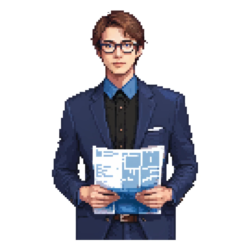 Flat pixel art, focused and reserved male architect, American, Caucasian features, short sleek brown hair, wearing glasses, wearing a deep indigo suit jacket over a black shirt, holding a blue print, waist-up, front-facing sticker