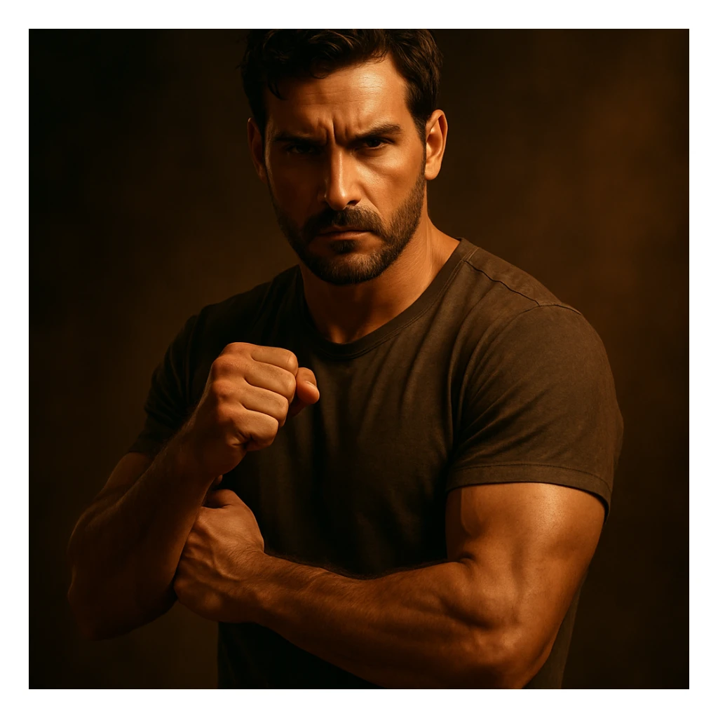 hyper realistic 4K cinematic image of a man standing in a protective stance, exuding masculine energy, dramatic and warm lighting sticker