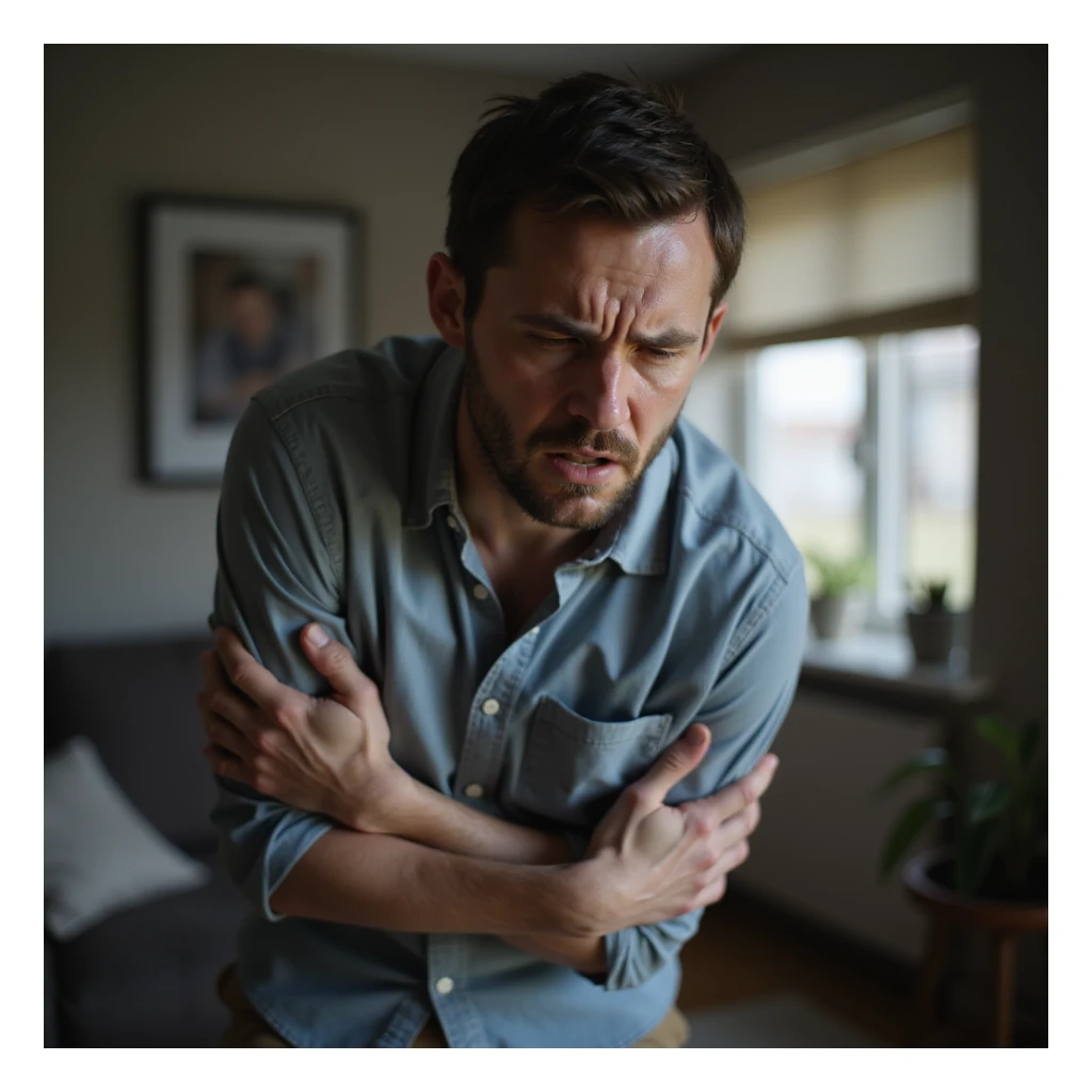 hyperrealistic 4K image of a man holding his side in sudden pain, face contracted with worry, domestic environment sticker