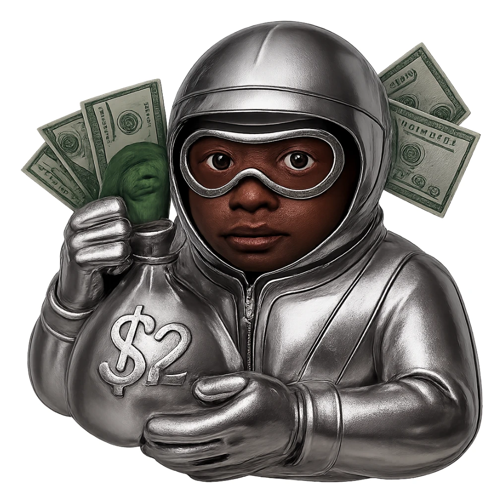 Make the face brown and the money green, keep everything else chrome in 3D metallic style, no background. sticker