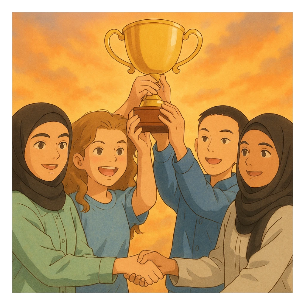 Illustration style Ghibli, four students lifting a trophy together in a warm and joyful atmosphere, soft lighting, harmonious colors, background suggesting a celebration. Faces and outfits inspired by the four provided photos. sticker