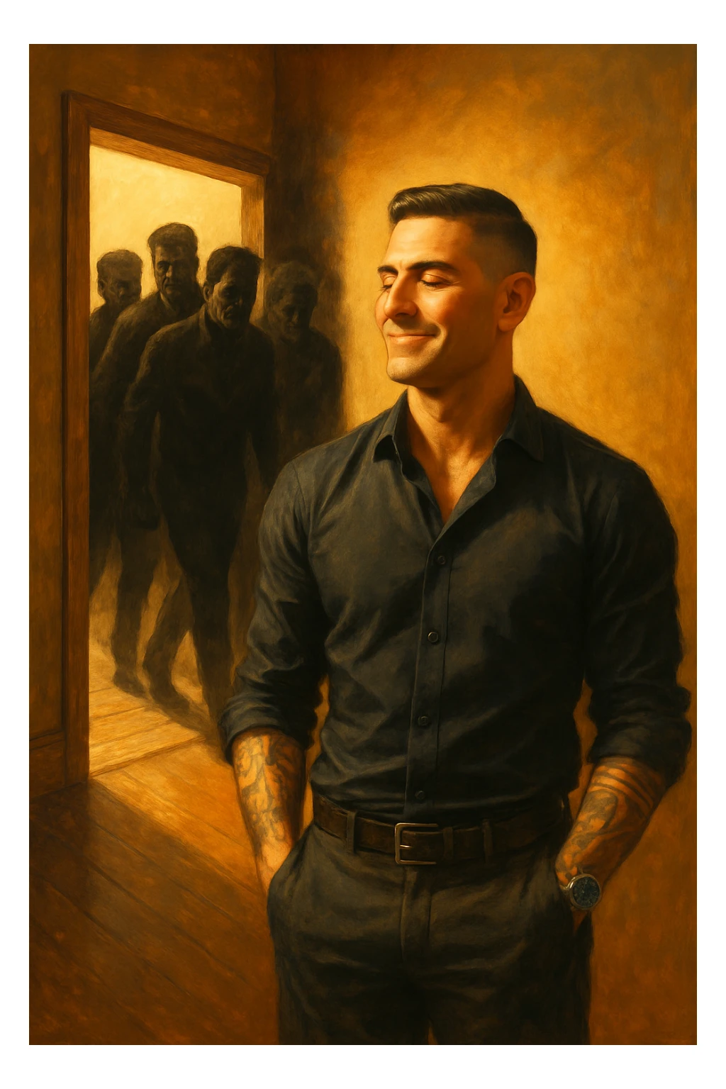 a man stands confidently in a sunlit room, facing away from a group of dark, shadowy figures with harsh or angry expressions who are walking out the door. The man’s posture is upright and relaxed, his face calm and relieved. Warm light fills the space, symbolizing his newfound peace and positivity. sticker